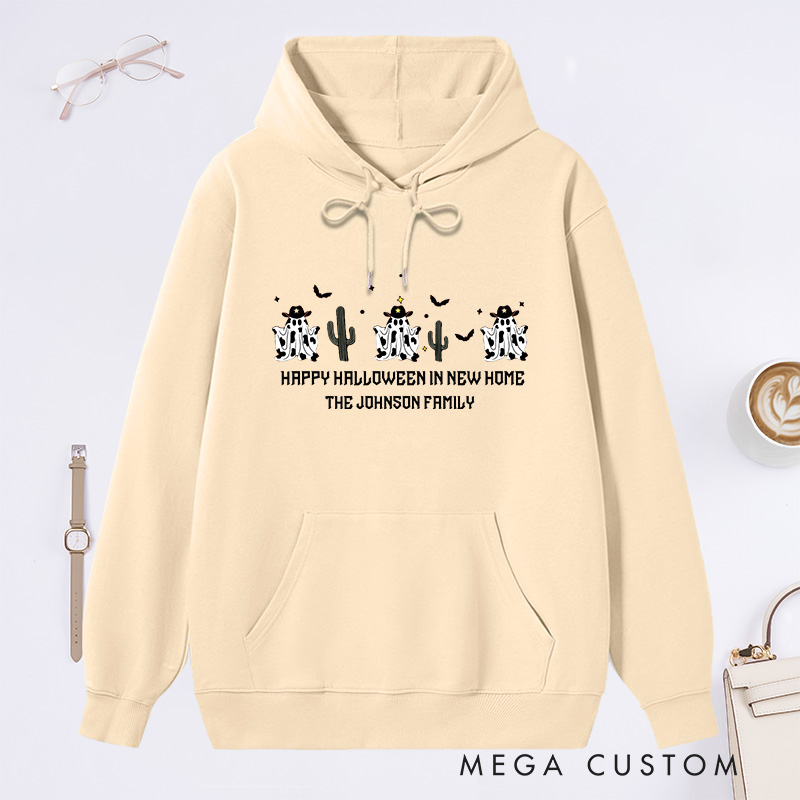 Personalized Hoodie Happy Halloween in New Home Design Custom Family Name Ghost and Cactus Theme Sweatshirt for Housewarming Holiday Gift