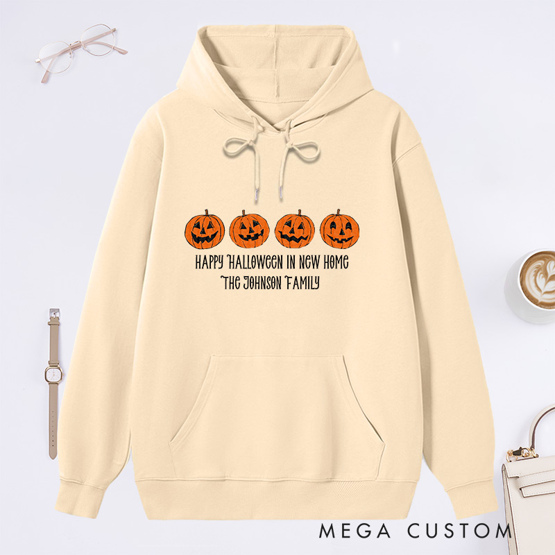 Personalized Hoodie Happy Halloween in New Home Design Custom Family Name Pumpkin Theme Comfortable Sweatshirt for Housewarming Halloween Gift