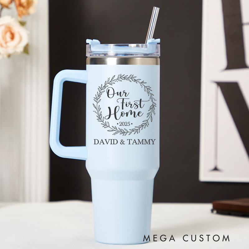 Personalized 40oz Tumbler With Handle Lid and Straw Custom Housewarming Gift Cup Perfect for New Homeowners or First Home Celebration