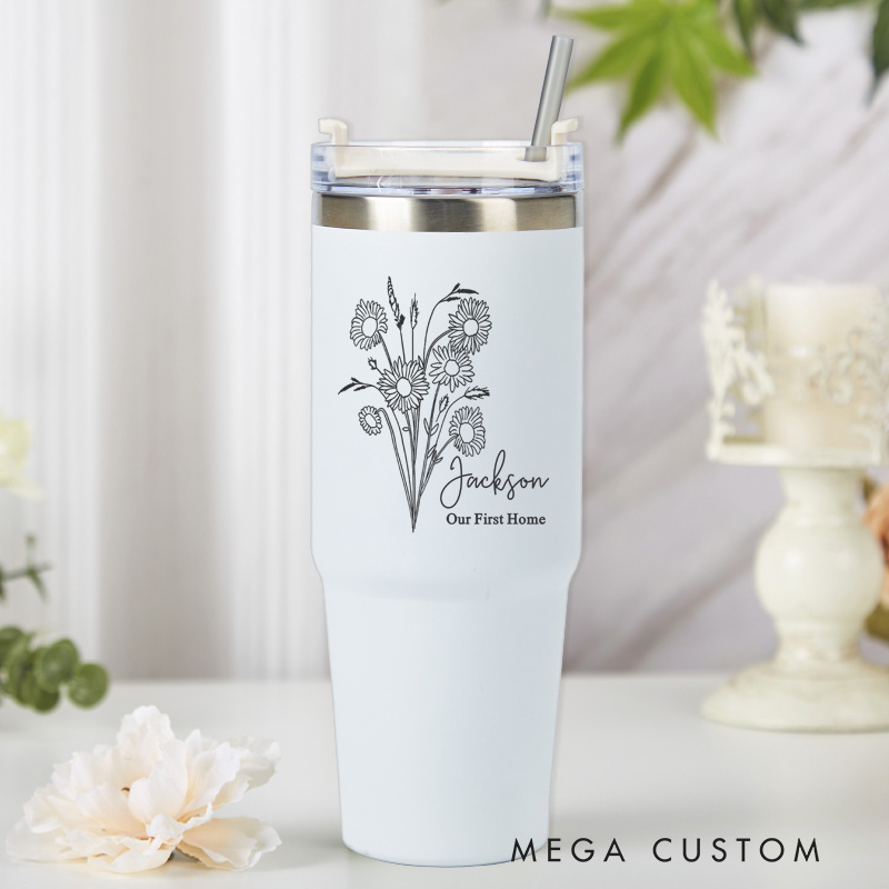 Personalized Insulated Stainless Steel Tumbler Our First Home Cup with Floral Design Custom Housewarming Cup Our First Home  Gift