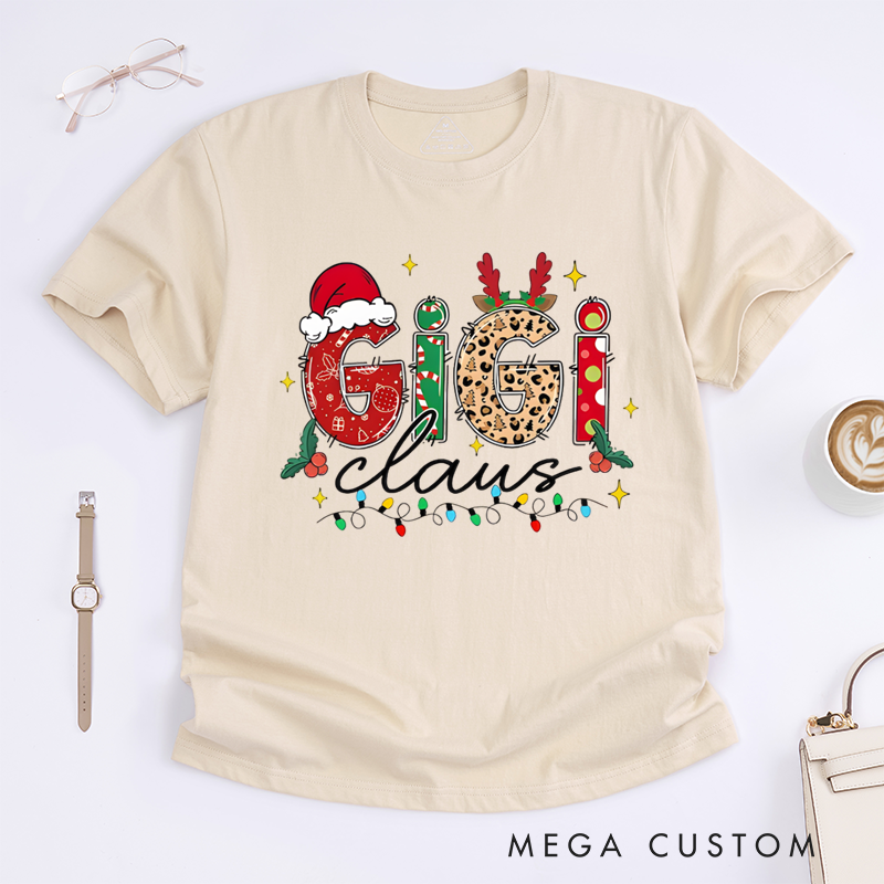Personalized Christmas Mama Gigi Nana Claus Classic T-Shirt with Santa Hat and Reindeer Antler Decorations