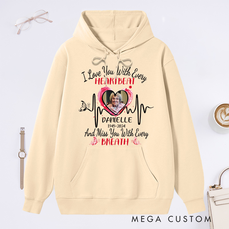 Personalized Photo Memorial Hoodie Big Piece of Heart Lives in Heaven Hoodie Gifts for Loss of Dad Mom RIP Sweatshirt Multi Color 