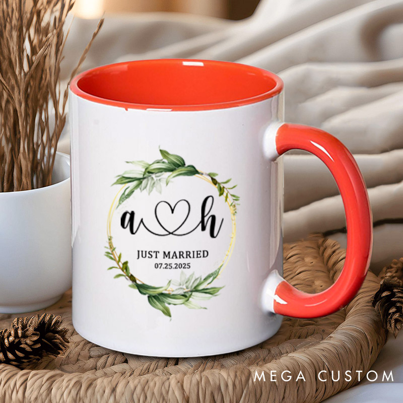 Personalized Romantic Botanical Just Married with Initials Wedding Couple Mugs