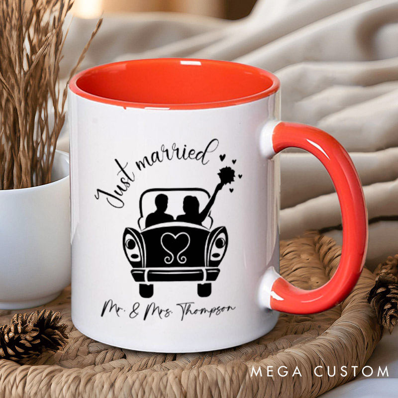 Personalized Romantic Just Married with Wedding Car Wedding Couple Mugs