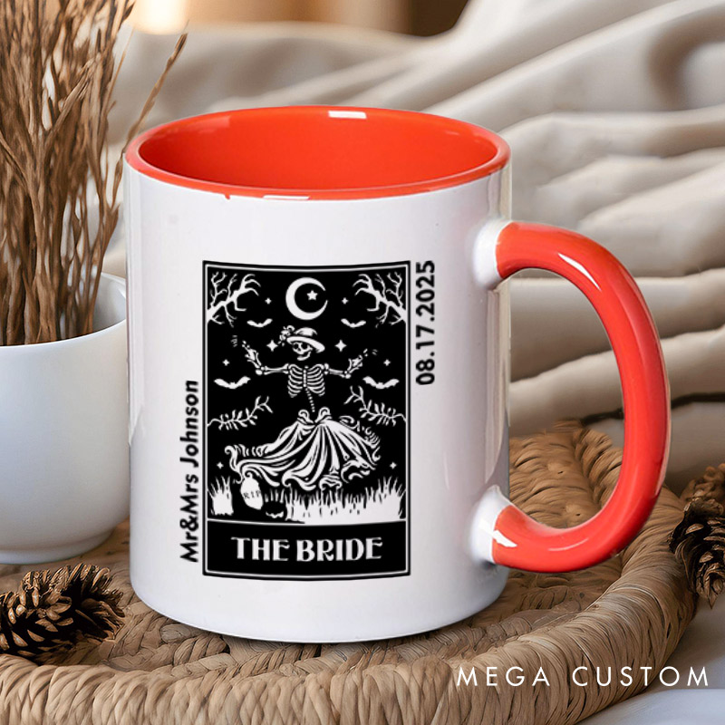 Personalized Whimsical Tarot Card Skeleton Bride and Groom Wedding Couple Mugs