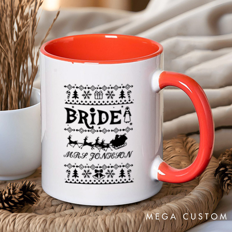 Personalized Christmas Bride and Groom with Reindeer and Sleighs Matching Wedding Couple Mugs