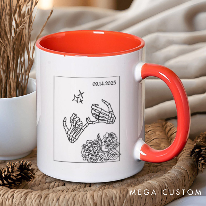 Personalized Unique Skeleton Finger Hooks and Floral Wedding Couple Mugs