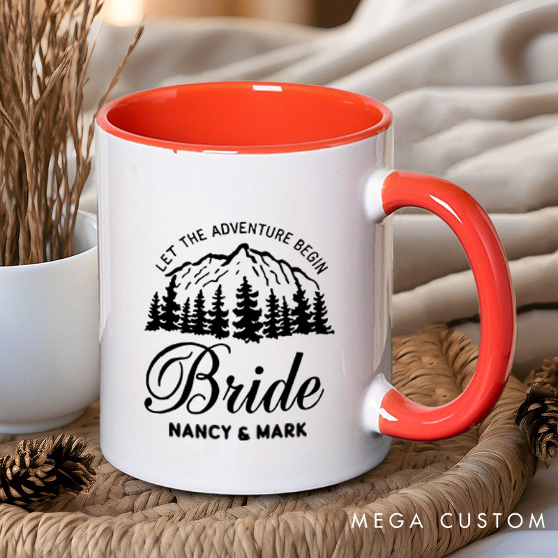 Personalized Mountain Serene Let The Adventure Begin Bride and Groom Wedding Couple Mugs