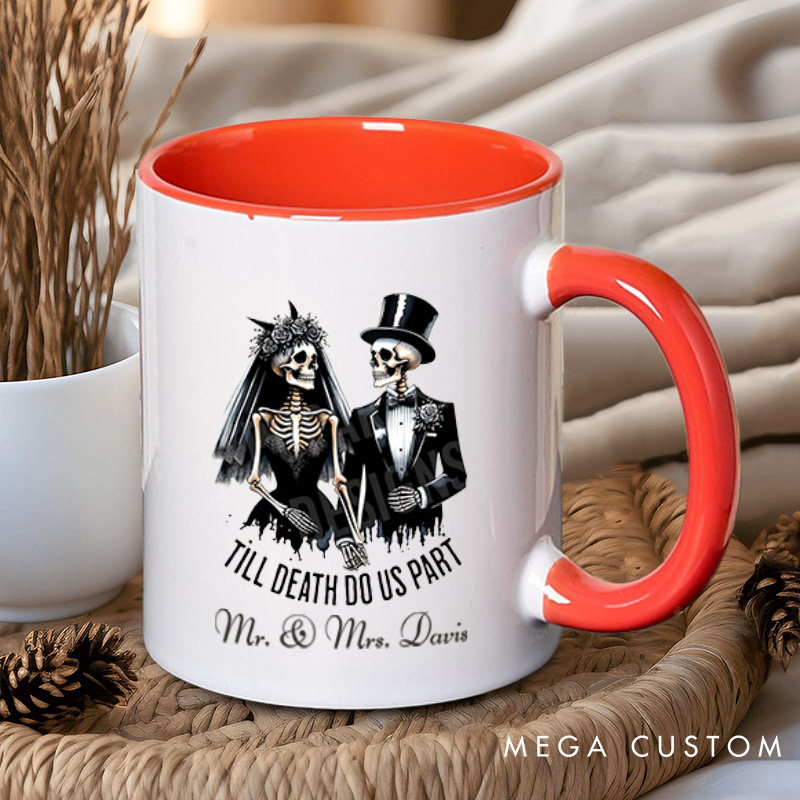 Personalized Til Death Do Us Part Skeleton Bride and Groom Matching Wedding Couple Mugs