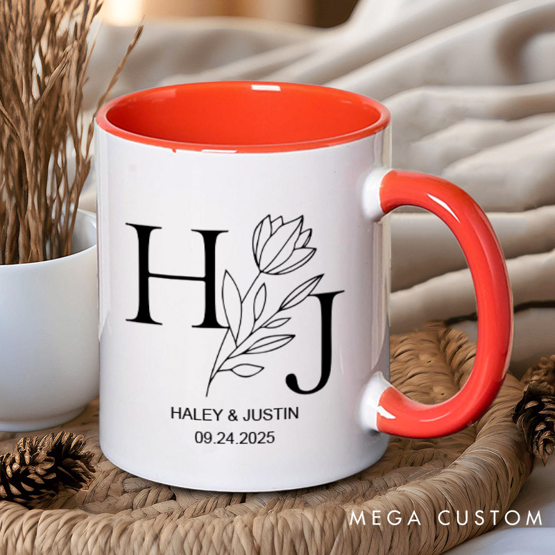 Personalized Elegant Floral with Initials Wedding Couple Mugs