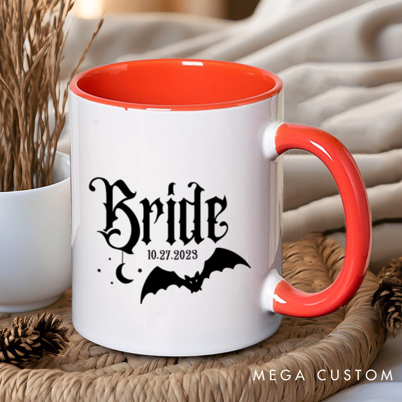 Personalized Halloween Gothic Bride and Groom with Bat and Moon Matching Wedding Couple Mugs