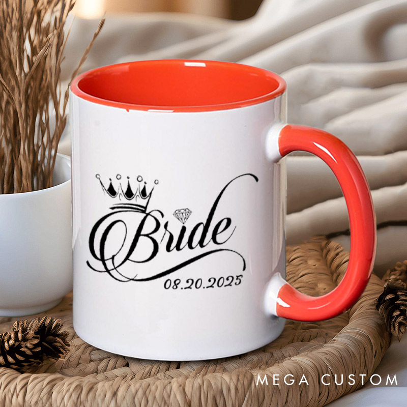 Personalized Regal Bride and Groom with Crowns and Date Matching Wedding Couple Mugs