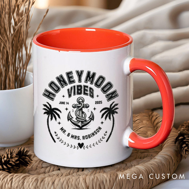 Personalized Nautical Honeymoon Vibes with Anchor and Palm Trees Matching Honeymoon Couple Mugs