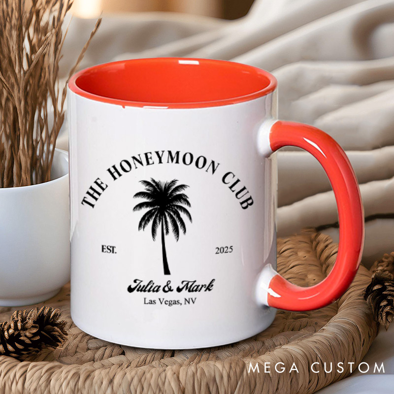 Personalized Tropical The Honeymoon Club with Palm Tree Matching Honeymoon Couple Mugs