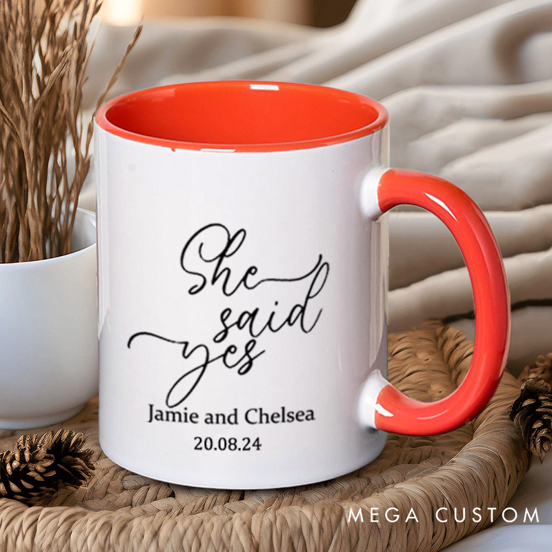 Personalized He Asked and She Said Yes Engagement Couple Mugs