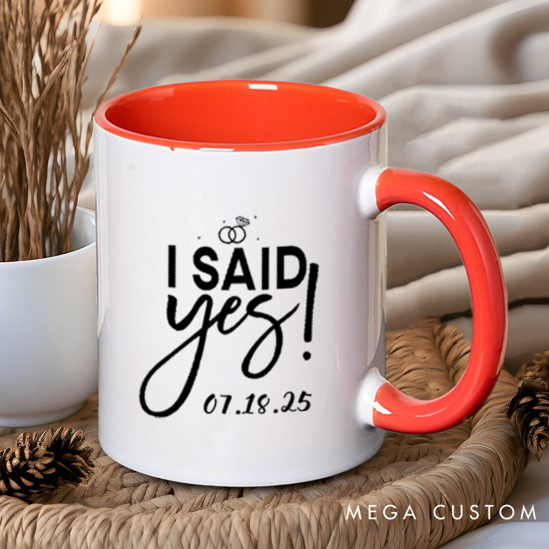 Personalized Elegant I Asked and I Said Yes Engagement Announcement with Rings Engagement Couple Mugs