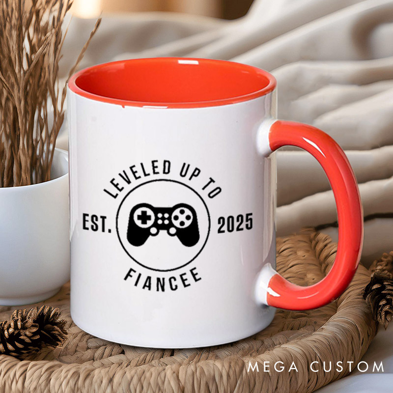 Personalized Leveled Up to Fiancée and Fiancé with Gaming Controller Engagement Couple Mugs