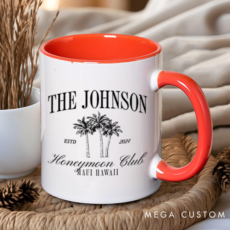 Personalized Classic Honeymoon Club with Palm Trees Matching Honeymoon Couple Mugs