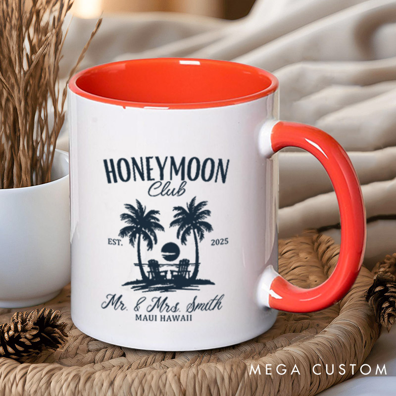 Personalized Vintage Tropical Honeymoon Club with Sunset Matching Honeymoon Couple Mugs