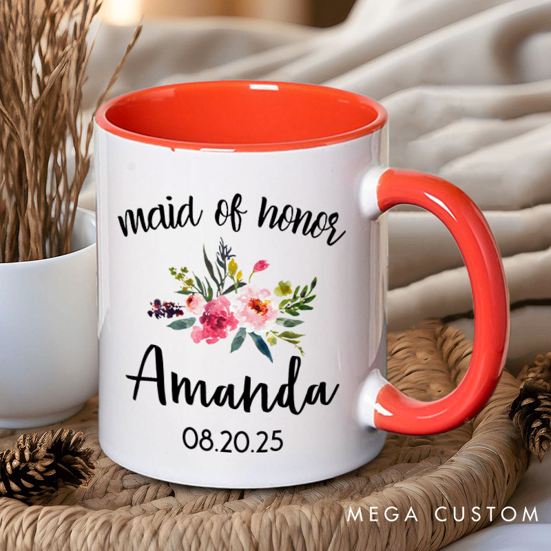 Personalized Colorful Floral Maid of Honor Mug Bridesmaid Mug with Name Bachelorette Party Mug Bridesmaid Proposal Gift Bridal Shower Mug
