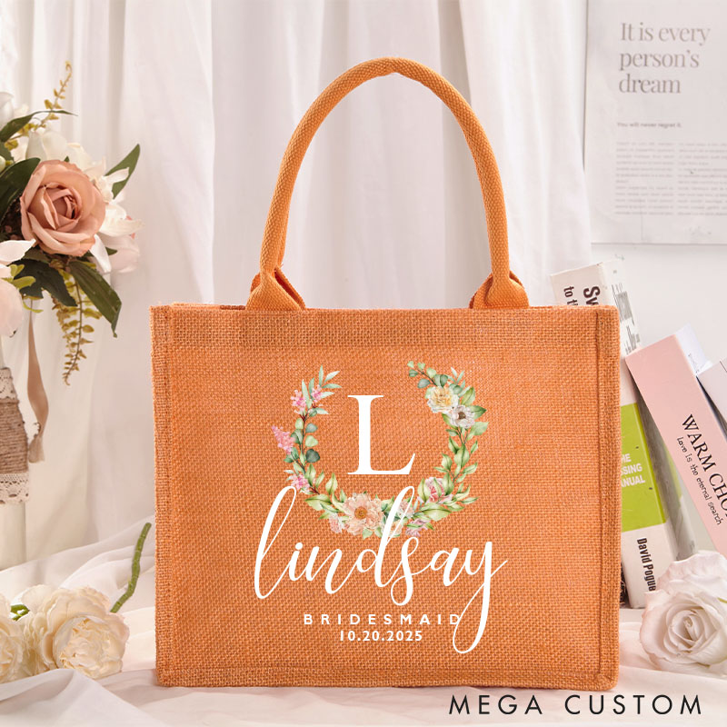 Personalized Bridesmaid Floral Wreath Initials Burlap Tote Bag with Name Maid of Honor Tote Bag