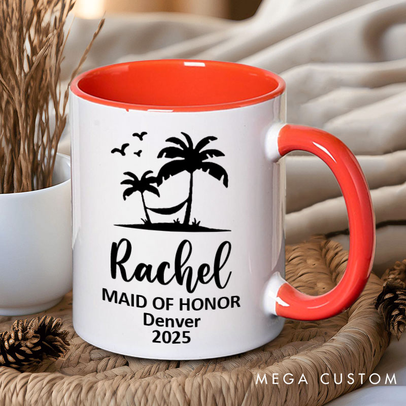 Personalized Bridesmaid Palm Tree and Hammock Mug Maid of Honor Name Mug Bachelorette Party Mug Bridesmaid Proposal Gift for Her Bridal Shower Mug