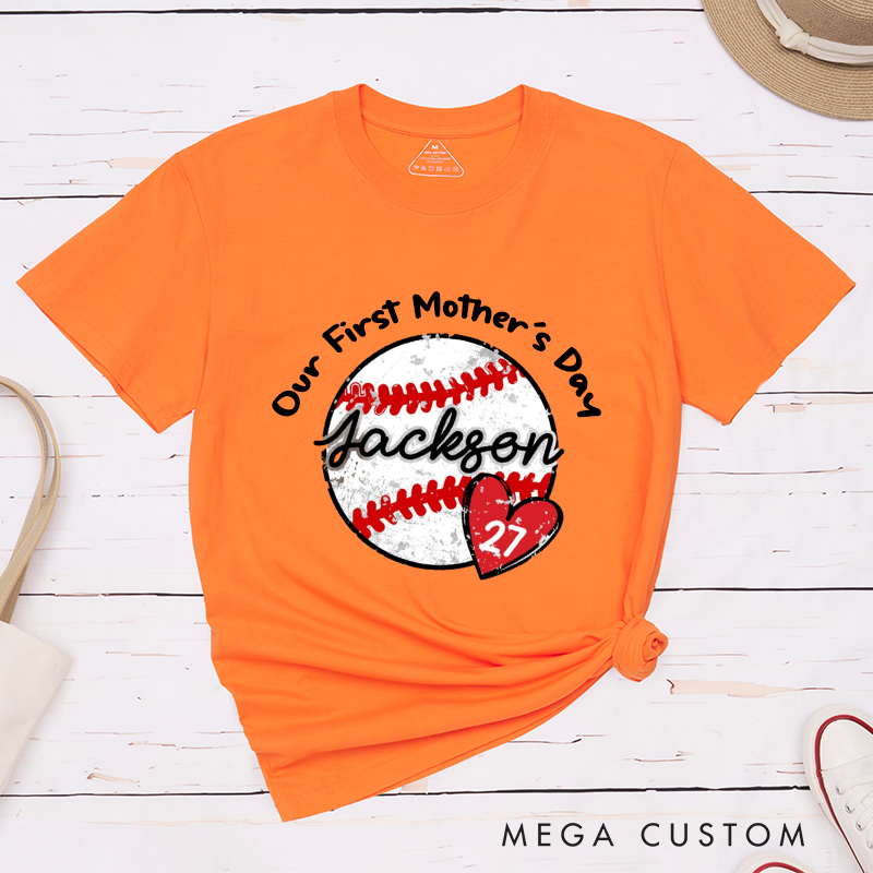 Personalized Our First Mother's Day Cute Baseball Fan Gift Heart Design Classic T-shirt