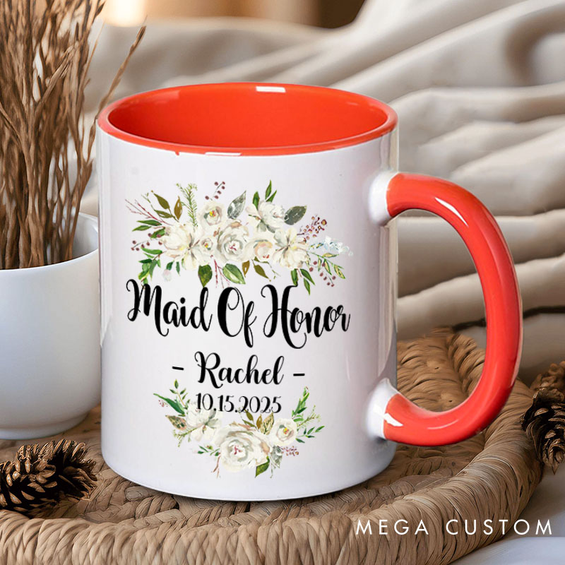 Personalized Maid of Honor White Floral Mug Name Bridesmaid Mug Bachelorette Party Mug with Date Bridesmaid Proposal Gift for Her Bridal Shower Mug