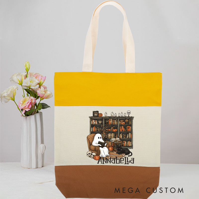 Personalized Retro Ghost Reading Books Tote Bag Book Lover Bag with Name Halloween Tote Bag Halloween Gift Librarian Gift Reader Gift