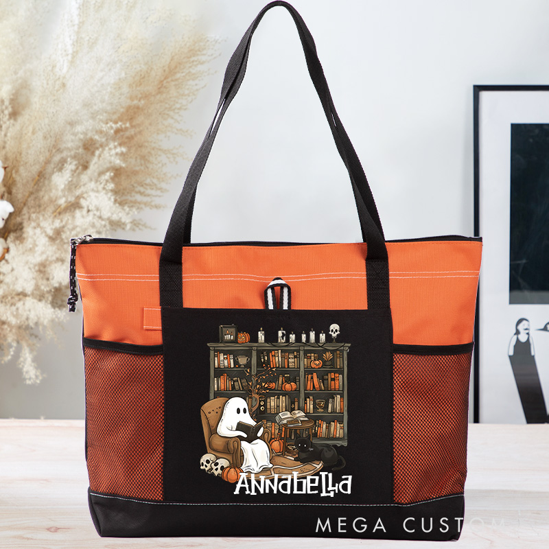 Personalized Retro Ghost Reading Books Tote Bag Book Lover Bag with Name Halloween Bag Halloween Gift Librarian Gift Book Lover Gift