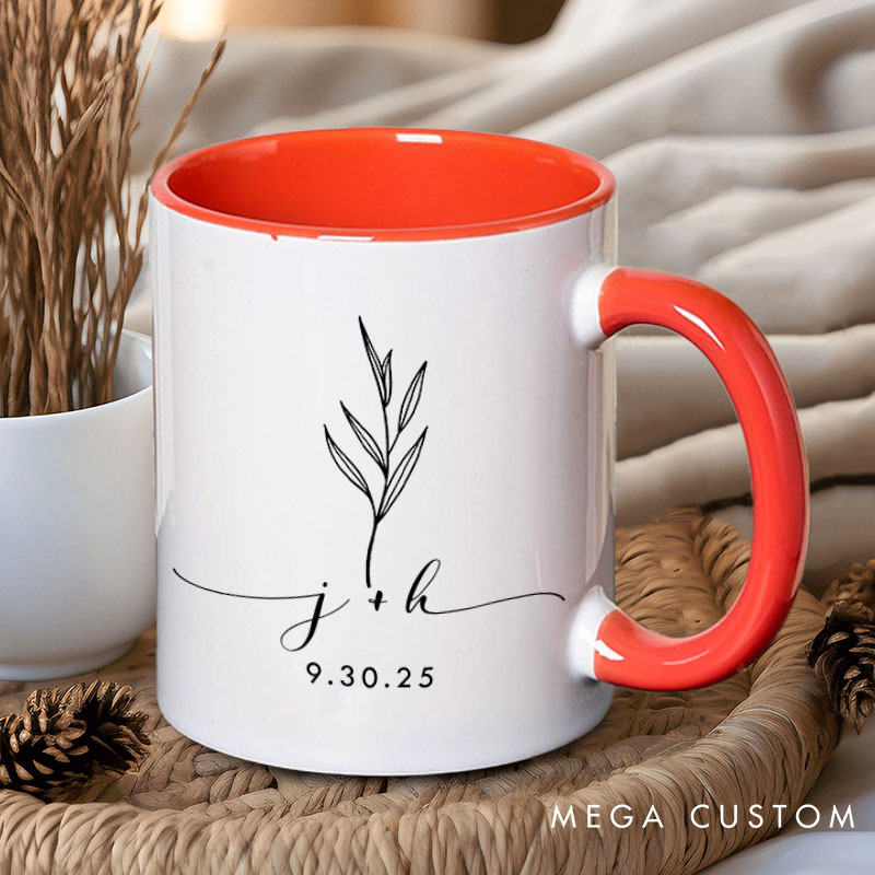 Personalized Couple Minimalist Leaf Mug with Date Custom Couple Initials Coffee Mug Valentine's Day Mug for Husband Wife Boyfriend Girlfriend