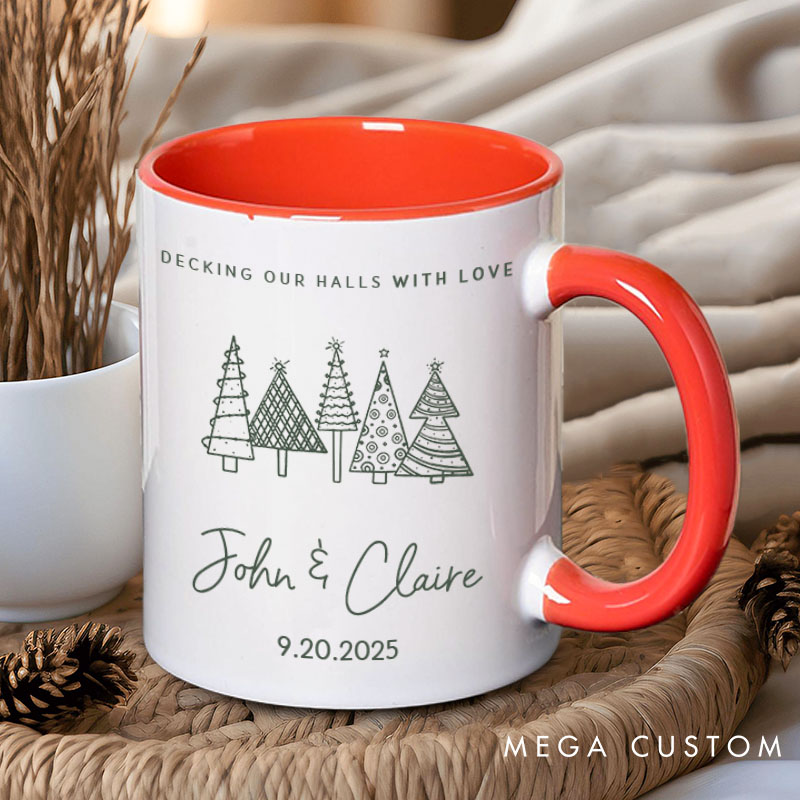 Personalized Couple Decking Our Halls with Love Christmas Mug Custom Couple Name Xmas Tree Coffee Mug for Husband Wife Boyfriend Girlfriend