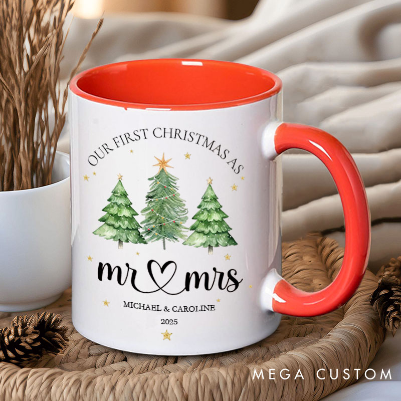 Personalized Couple Our First Christmas as Mr. and Mrs. Mug Custom Couple Xmas Tree Coffee Mug with Name Christmas Mug for Husband Wife Hubby Wifey