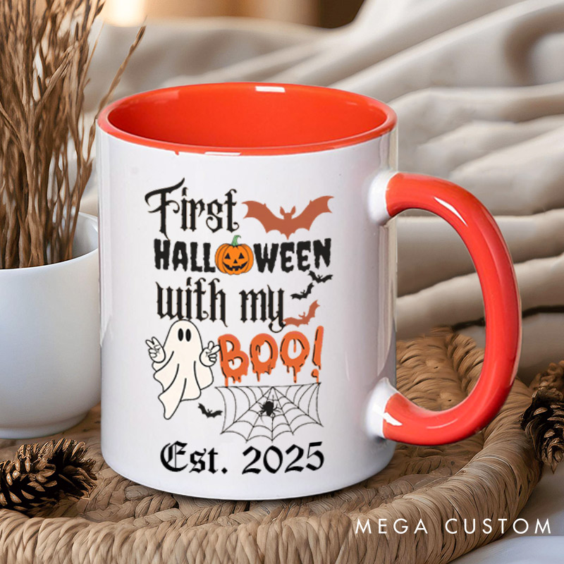 Personalized First Halloween with My Boo Ghost and Pumpkin Two Tone Color Couple Mugs 