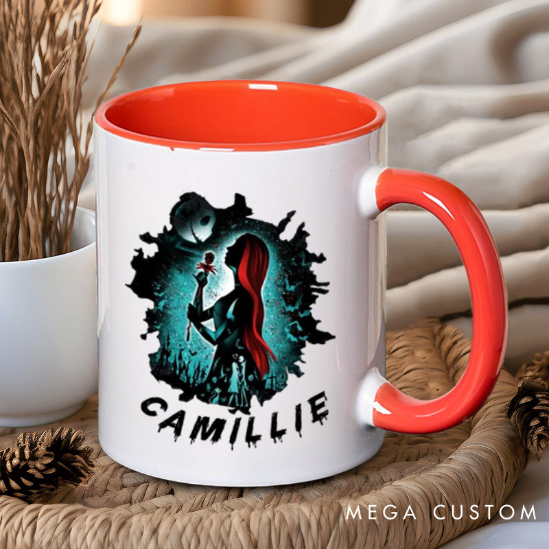 Personalized Halloween Couple Silhouette Design with Spooky Art Style Couple Mugs 