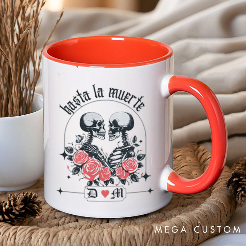 Personalized Hasta La Muerte Skeleton Couple with Roses Couple Mugs 