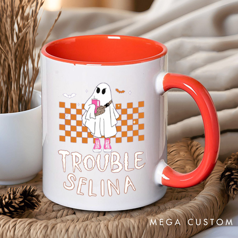 Personalized Where I Go Trouble Follows Ghost with Checkered Background Couple Mugs 