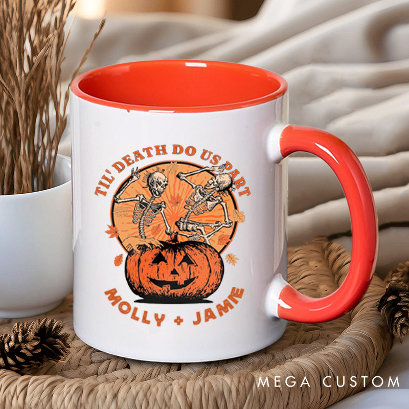 Personalized Til Death Do Us Part Pumpkin Skeleton Couple Halloween Couple Mugs 