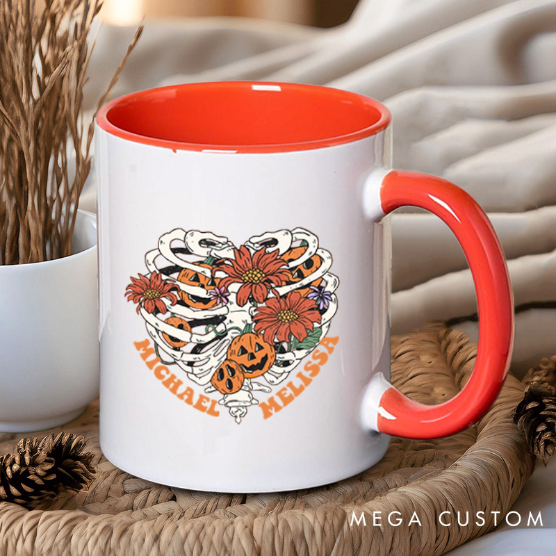 Personalized Floral Skeleton Ribcage with Pumpkins Halloween Couple Mugs
