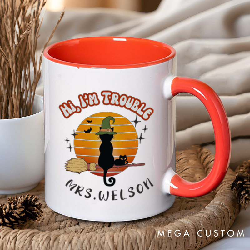 Personalized Trouble Follows Halloween Cat Couple Halloween Couple Mugs