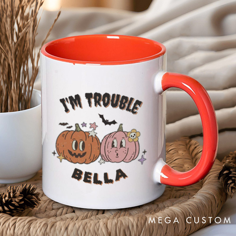 Personalized Where I Go Trouble Follows & I'm Trouble Pumpkin Halloween Couple Mugs
