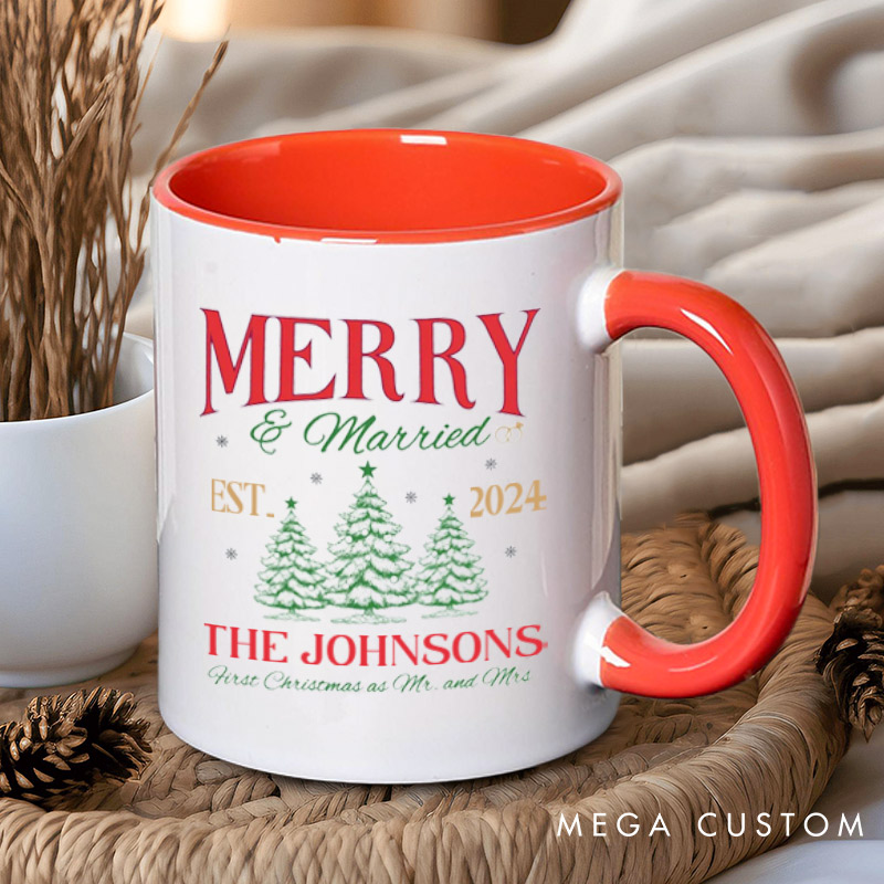 Personalized Joyful Merry and Married the First Christmas as Mr and Mrs Couple Mugs