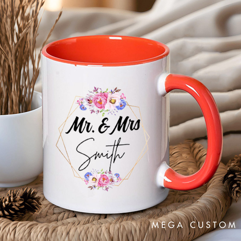Personalized Geometric Frame with Watercolor Floral Mr and Mrs Wedding Couple Mugs
