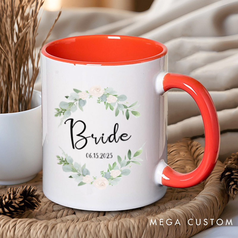 Personalized Elegant Floral Wreath Bride and Groom Matching Wedding Couple Mugs