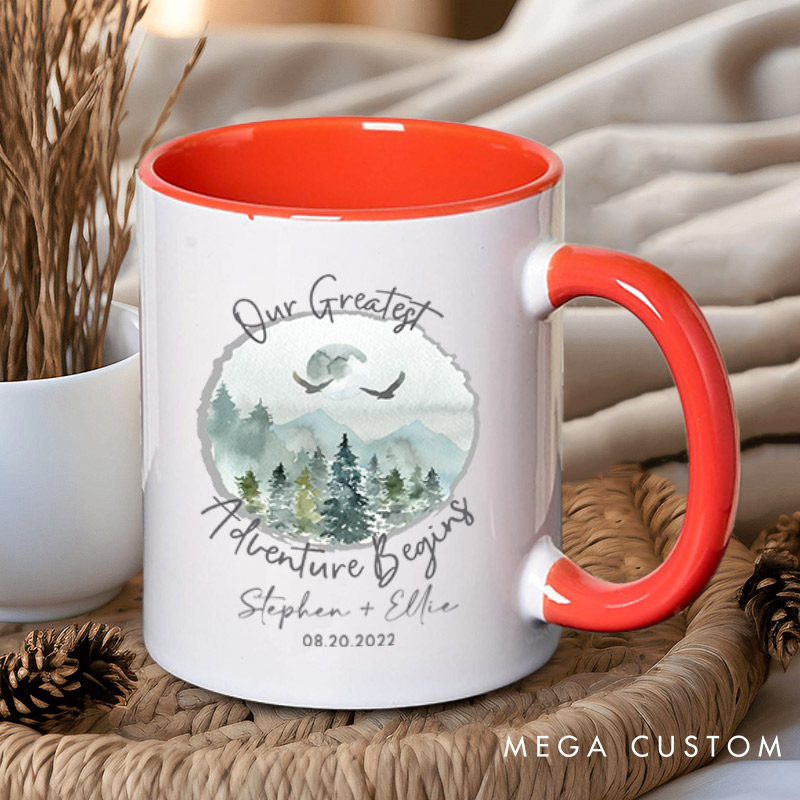 Personalized Romantic Nature Our Greatest Adventure Begins Wedding Couple Mugs