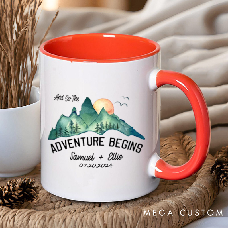 Personalized Scenic And So The Adventure Begins Newlyweds Wedding Couple Mugs
