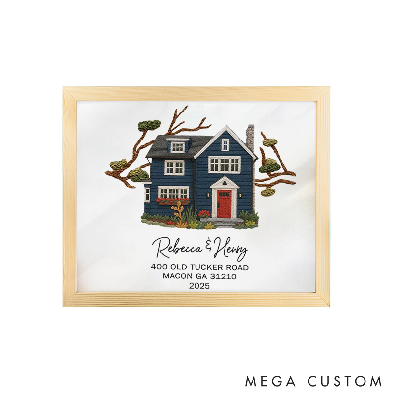 Personalized Embroidered House Photo Frame with Name Address Home Decor Custom Housewarming Gift from Photo New Home Wedding Christmas Gift for Family