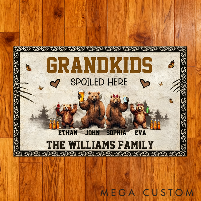 Personalized Doormat Brown Bear Family Design Grandkids Spoiled Here