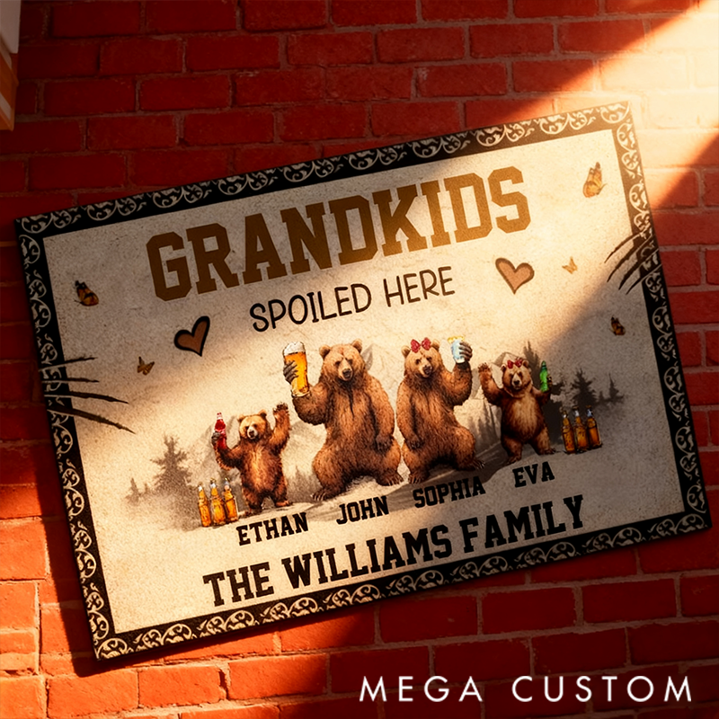 Personalized Doormat Brown Bear Family Design Grandkids Spoiled Here