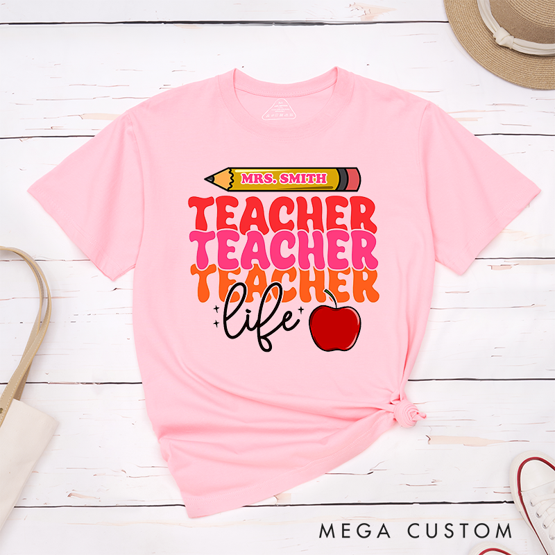 Personalized Teacher Life Bold Multicolor Text Design with Heart and Whimsy T-Shirts